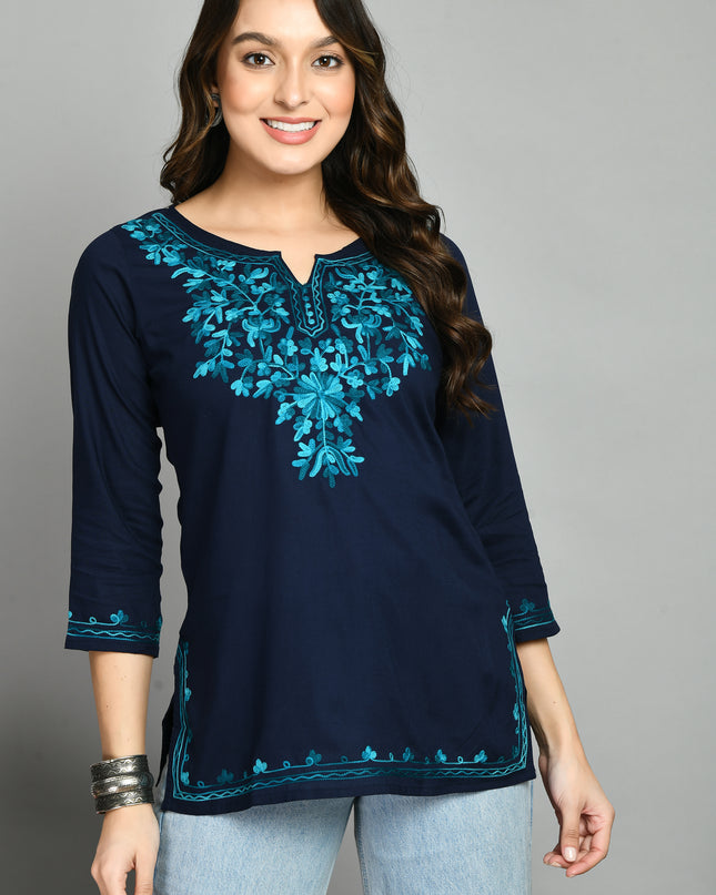 Blue Rama Green Aari Short Kurti For Women