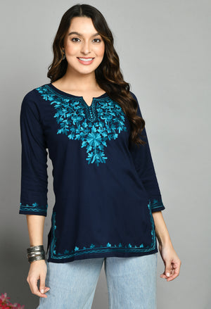 Blue Rama Green Aari Short Kurti For Women
