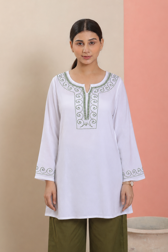 Qazmi Women Aari Embroidered Viscose Rayon A-Line Short Kurti with Full Sleeves