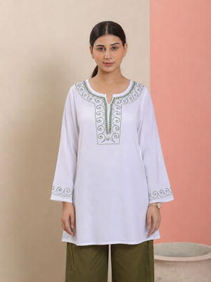 Qazmi Women Aari Embroidered Viscose Rayon A-Line Short Kurti with Full Sleeves