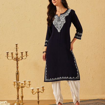 Qazmi Women's Mahsa Kashmiri Aari Work Peach Straight Kurta