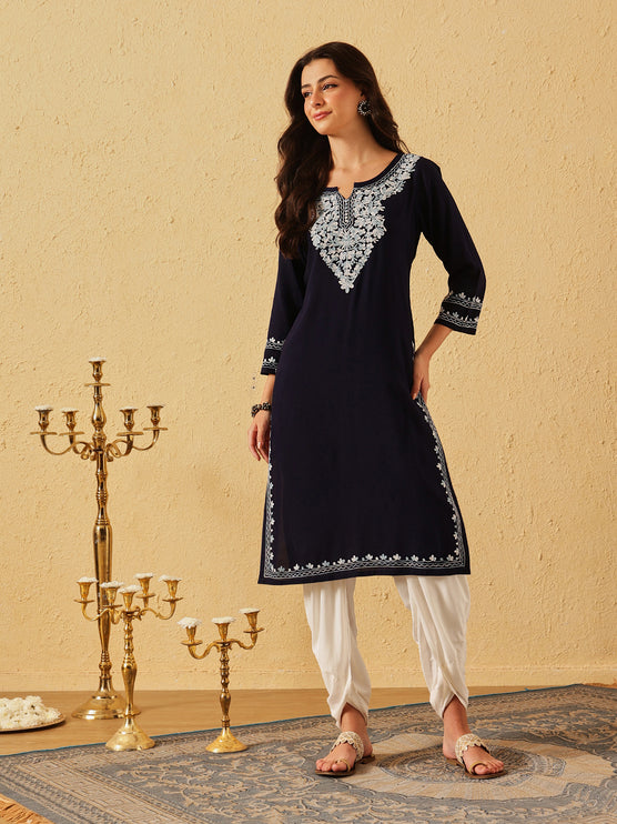 Qazmi Women's Mahsa Kashmiri Aari Work Peach Straight Kurta