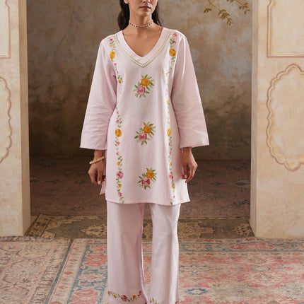 Qazmi Women's Mehreen Kashmiri Aari Work Pearl Studded Cotton Linen CoOrd