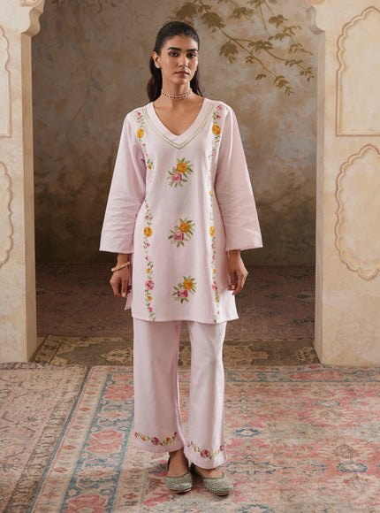Qazmi Women's Mehreen Kashmiri Aari Work Pearl Studded Cotton Linen CoOrd