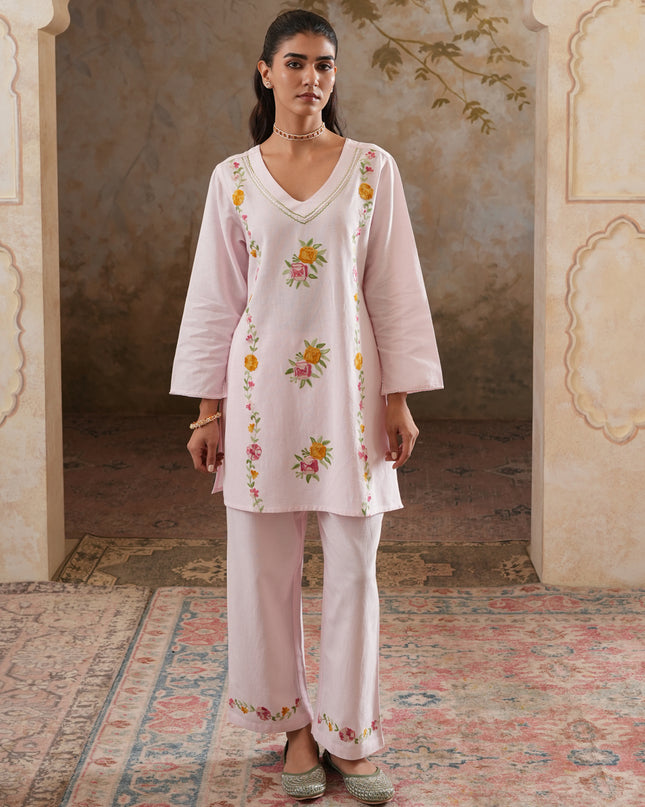 Qazmi Women's Mehreen Kashmiri Aari Work Pearl Studded Cotton Linen CoOrd
