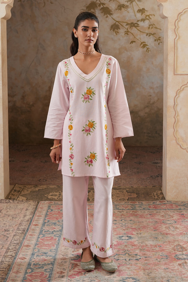 Qazmi Women's Mehreen Kashmiri Aari Work Pearl Studded Cotton Linen CoOrd