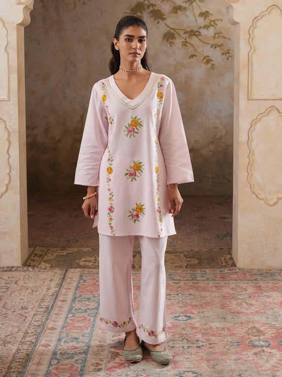 Qazmi Women's Mehreen Kashmiri Aari Work Pearl Studded Cotton Linen CoOrd