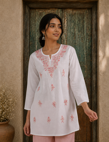 Qazmi Women's Aari Embroidered Pure Cotton Short Kurta