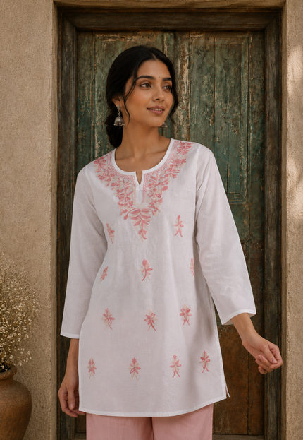 Qazmi Women's Aari Embroidered Pure Cotton Short Kurta