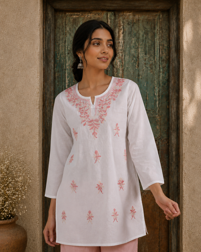 Qazmi Women's Aari Embroidered Pure Cotton Short Kurta