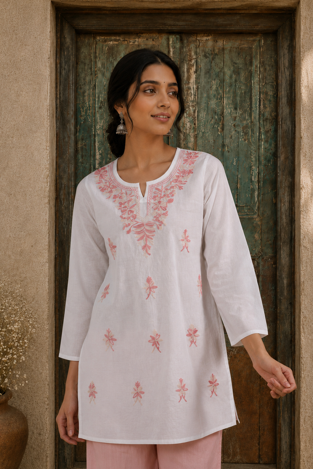 Qazmi Women's Aari Embroidered Pure Cotton Short Kurta