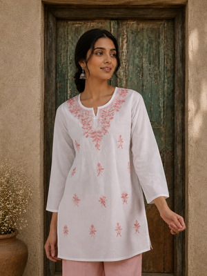 Qazmi Women's Aari Embroidered Pure Cotton Short Kurta
