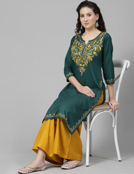 Bushra Green Aari Long Kurti For Women
