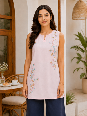 Qazmi Women Embroidered Viscose Rayon Sleeveless Embroidered Kurti