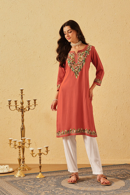 Qazmi Women's Noor Kashmiri Aari Work Straight Kurta