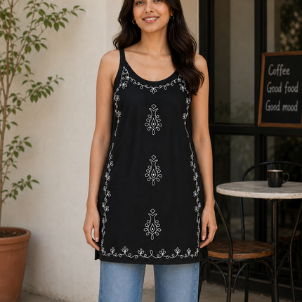 Qazmi Women Embroidered Viscose Rayon Sleeveless Embroidered Kurti