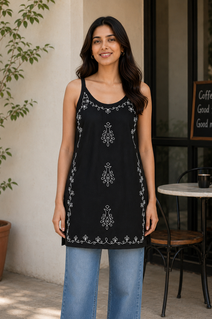 Qazmi Women Embroidered Viscose Rayon Sleeveless Embroidered Kurti
