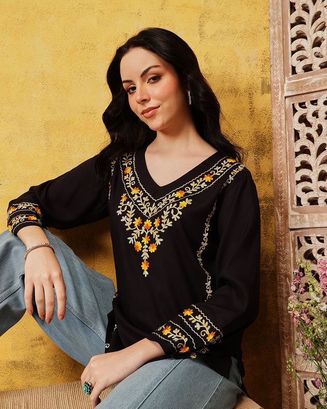 Qazmi Women's Amina Kashmiri Embroidered V-Neck Short Kurti