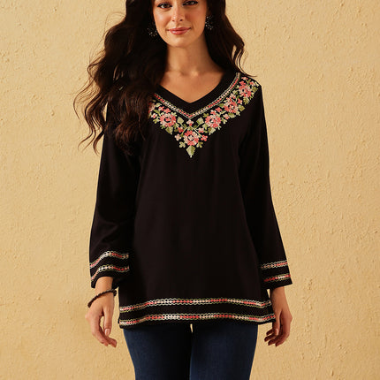 Qazmi Women's Amina Kashmiri Embroidered V-Neck Short Kurti