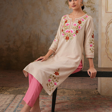 Qazmi Women's Zaynab Kashmiri Aari Work Cotton Linen Olive Green Kurta