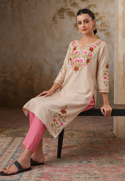 Qazmi Women's Zaynab Kashmiri Aari Work Cotton Linen Olive Green Kurta