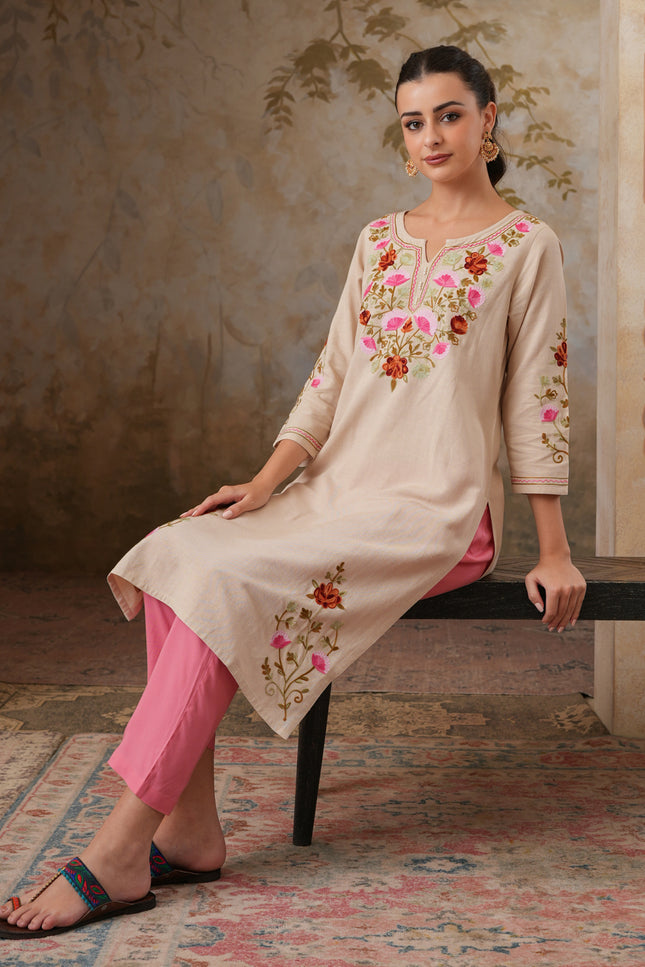 Qazmi Women's Zaynab Kashmiri Aari Work Cotton Linen Olive Green Kurta