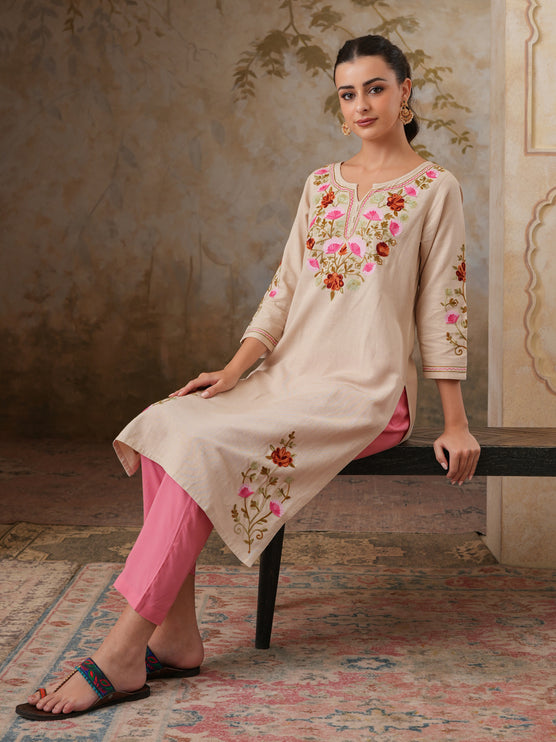 Qazmi Women's Zaynab Kashmiri Aari Work Cotton Linen Olive Green Kurta