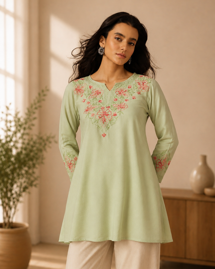 Qazmi Women's Kashmiri A-Line Light Pink Kurti