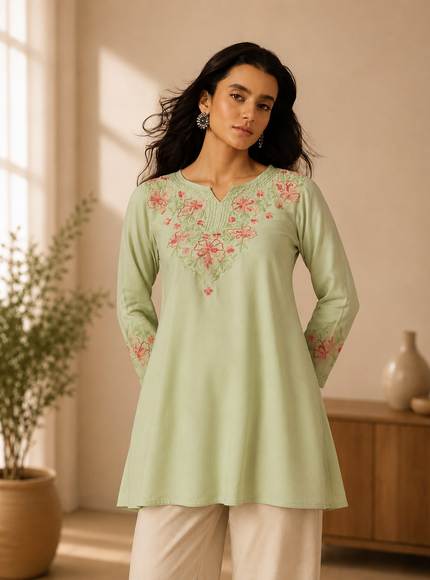 Qazmi Women's Kashmiri A-Line Light Pink Kurti