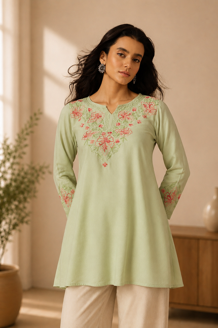 Qazmi Women's Kashmiri A-Line Light Pink Kurti