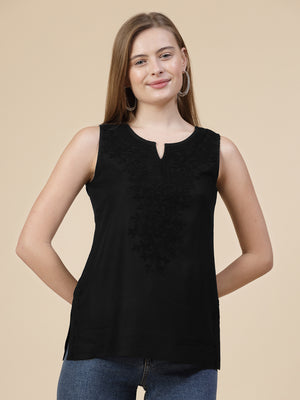 Black Self Sleeveless Aari Short Kurti For Women