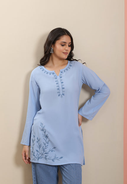 Qazmi Women's Aari Embroidered Pure Cotton Short Kurta