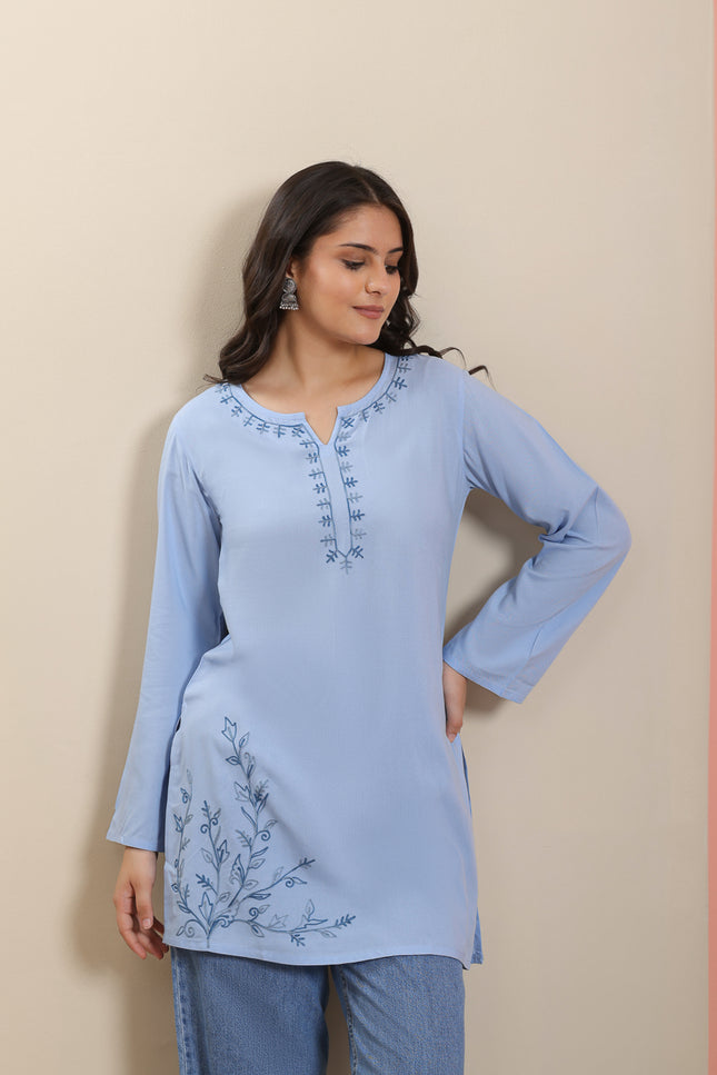 Qazmi Women's Aari Embroidered Pure Cotton Short Kurta