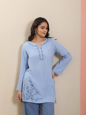 Qazmi Women's Aari Embroidered Pure Cotton Short Kurta