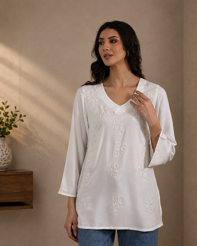 Qazmi Women Kashmiri Aari Embroidered Viscose Rayon Flared Sleeves Short Kurti