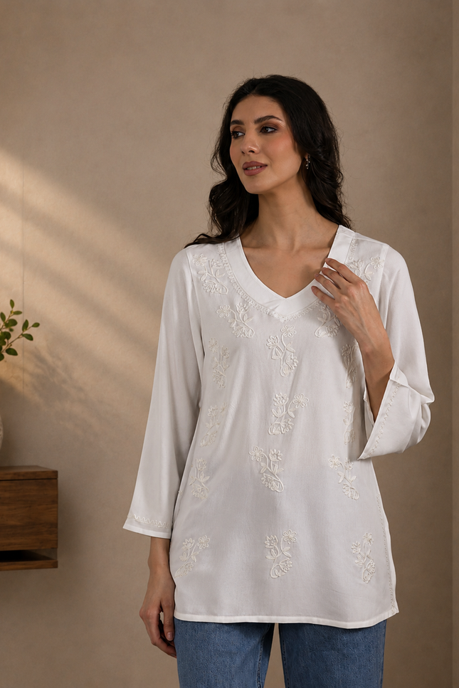 Qazmi Women Kashmiri Aari Embroidered Viscose Rayon Flared Sleeves Short Kurti