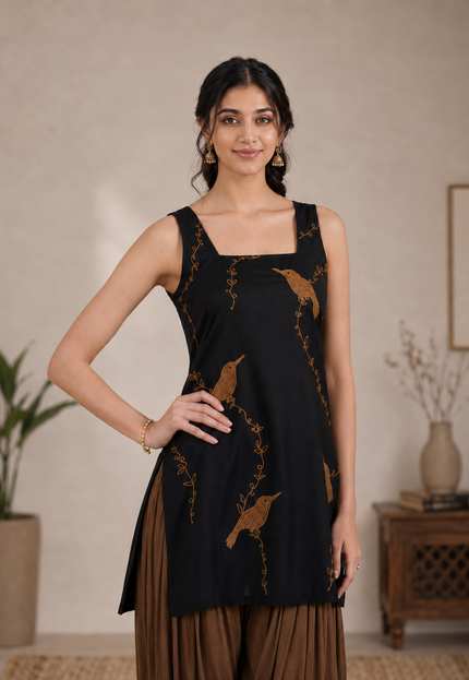 Qazmi Women Embroidered Viscose Rayon Sleeveless Kurti with Square Neck & Tie-Up Back