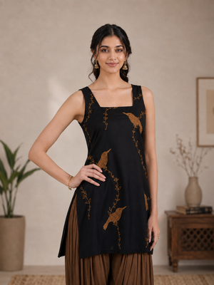 Qazmi Women Embroidered Viscose Rayon Sleeveless Kurti with Square Neck & Tie-Up Back