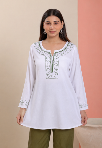Qazmi Women Aari Embroidered Viscose Rayon A-Line Short Kurti with Full Sleeves