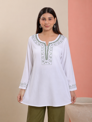 Qazmi Women Aari Embroidered Viscose Rayon A-Line Short Kurti with Full Sleeves