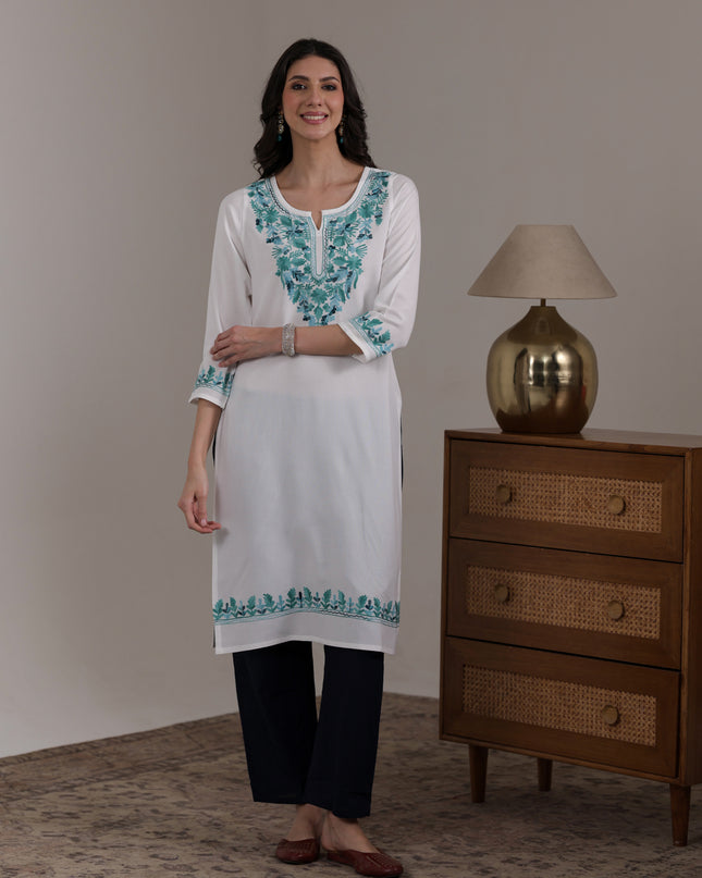 Qazmi Women's Noor Kashmiri Aari Work Straight Kurta