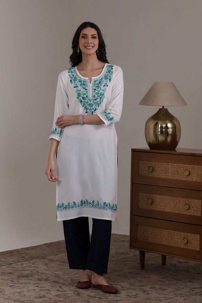 Qazmi Women's Noor Kashmiri Aari Work Straight Kurta