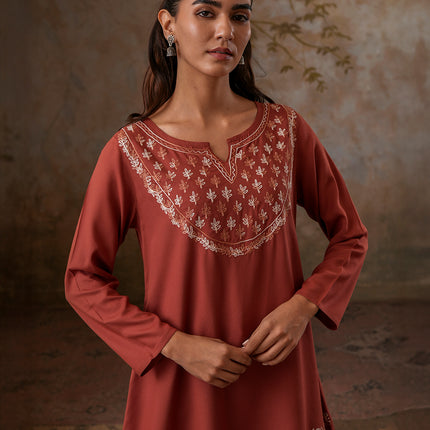 Qazmi Women's Azra Kashmiri A-Line Full Sleeves Viscose Rayon Short Kurti