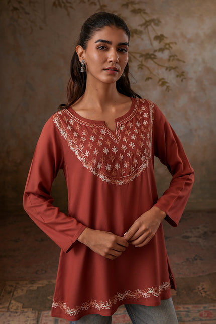 Qazmi Women's Azra Kashmiri A-Line Full Sleeves Viscose Rayon Short Kurti