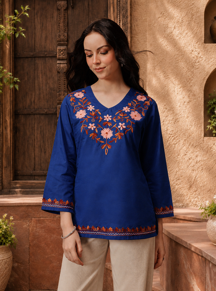 Qazmi Women's Nafisa Kashmiri Aari Work V-Neck Blue Kurti
