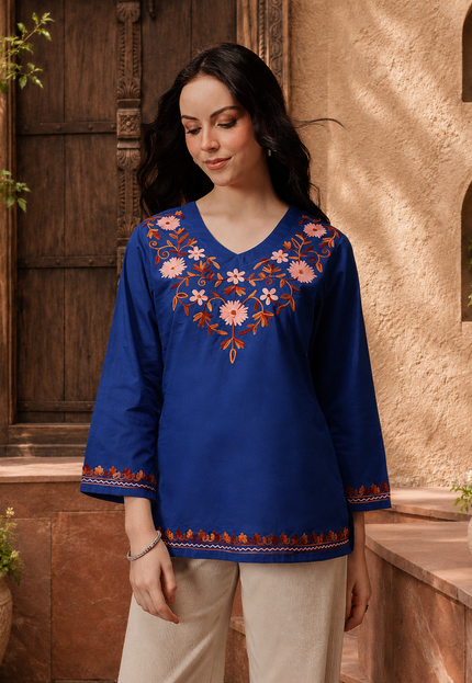Qazmi Women's Nafisa Kashmiri Aari Work V-Neck Blue Kurti