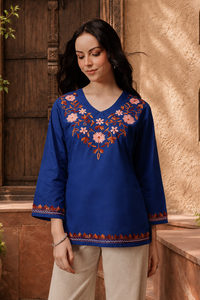 Qazmi Women's Nafisa Kashmiri Aari Work V-Neck Blue Kurti