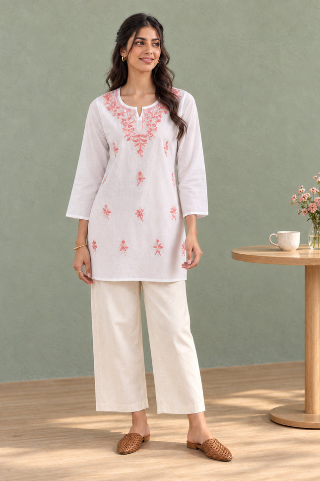 Qazmi Women's Aari Embroidered Pure Cotton Short Kurta