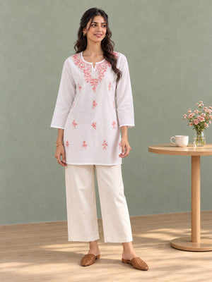 Qazmi Women's Aari Embroidered Pure Cotton Short Kurta