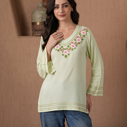 Qazmi Women's Amina Kashmiri Embroidered V-Neck Short Kurti